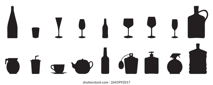 Bottle glasses black silhouettes vector collection, Silhouettes various alcohol cocktail glasses bar set.