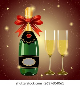 Bottle and glasses of champagne with a bow.Vector illustration with champagne in glasses and bottle with red bow on color background with gold decor.