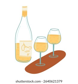 Bottle and glasses with champagne in flat cartoon design. Elegant glassware with dessert wine, refreshing drink, delicious beverage or cocktail with fruit juice on plate. Vector illustration isolated.