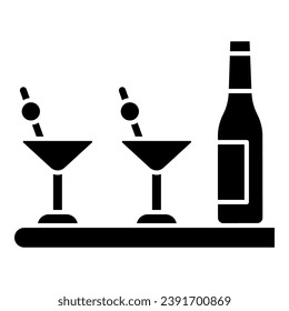 Bottle and glasses of cocktails solid icon, Bartenders Day concept, Cocktail bar menu sign on white background, bottle and martini glasses icon in glyph style. Vector graphics