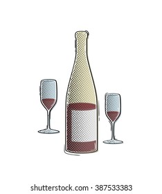 bottle and glasses in comic retro style