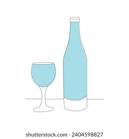bottle and glasses continuous one line art. Trendy style design vector illustration
