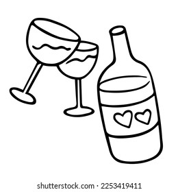 Bottle and glasses, hand-drawn doodle element, Cheers toast in sketch doodle style.Festive design Valentine's Day, drawing by ink, pen,marker.Traditional alcohol romantic dinner.Isolated.Vector 