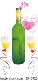 Bottle and glasses with hearts. Vector