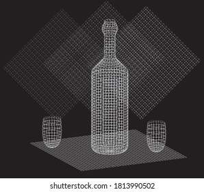 Bottle and glasses with openwork surfaces. Vector illustration