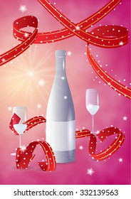 bottle with glasses and red ribbons on red background