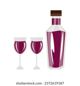 Bottle and glasses of red wine on white background