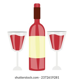 Botella y vasos de vino tinto con fondo blanco