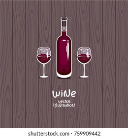 Bottle and glasses of red wine on wood background. Vector illustration. Wine bar logo template, design for wine tasting invitation and wine list.