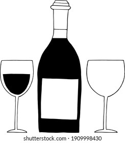bottle, glasses with wine and empty set icon, sticker. sketch hand drawn doodle style. minimalism, monochrome. drinks, bar