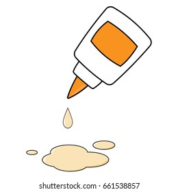Bottle of glue. Vector illustration of a jar of glue inverted with drops of glue. Hand drawn doodle.