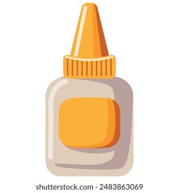 A bottle of glue with a yellow cap. The bottle is sitting on a white background