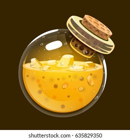 Bottle of gold. Game icon of magic elixir. Interface for rpg or match3 game. Gold. Big variant. Vector illustration