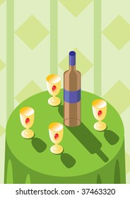 Bottle and golden cups on green table. Vector illustration