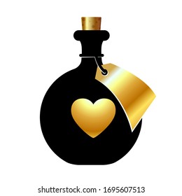 Bottle with a golden heart and a tag on a white background. Magic elixir of love or poison. Isolated object 