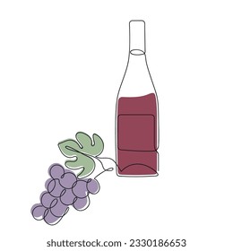 Frasco y uva dibujados en una línea continua de color. Dibujo de una línea, minimalismo. Ilustración vectorial.