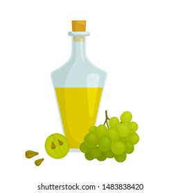 Bottle of grape seed oil in cartoon style. Vector banner with a composition of grape, seeds and oil bottle. Still life.
