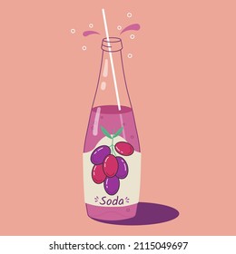 Bottle of grape soda with a straw. Vector illustration, line art. Isolated image. Refreshing drink for a party.