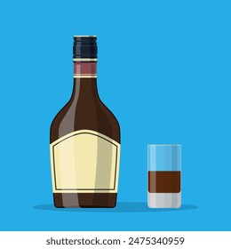 Botella de licor de hierba con vaso de tiro. Bebida de alcohol de licor de hierba. ilustración en estilo plano