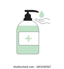 Bottle with green alcohol hand sanitizer for coronavirus prevention and hygiene. Liquid soap. Antibacterial gel flat illustration. Medical antiseptic soap bottle with pump. Can be used for topics like