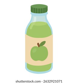 Bottle of green apple juice with label, flat cartoon style healthy drink illustration.