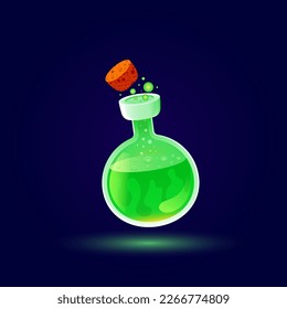 Bottle of green boiling poison. Glass flask with wooden cork. Bright acid in test tube. Vector illustration.