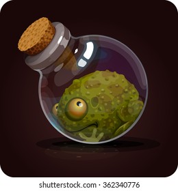 bottle with a green frog. Game icon of magic elixir. Vector design for app user interface. Transforming potion, transmutation potion, poison frog, poison ingredient