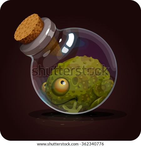 bottle with a green frog. Game icon of magic elixir. Vector design for app user interface. Transforming potion, transmutation potion, poison frog, poison ingredient