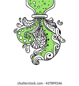 Bottle with green liquid and and octopus inside doodle art