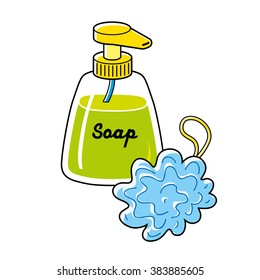 Bottle with green liquid soap and a bath puff.