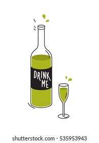 Bottle of green liquid and wineglass. Doodle drawing. Vector