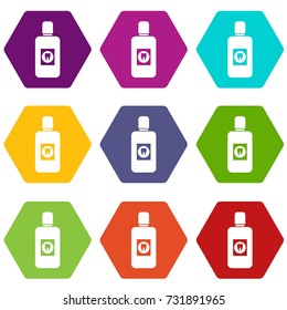 Bottle of green mouthwash icon set many color hexahedron isolated on white vector illustration