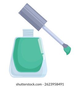 Bottle of green nail polish is open with the applicator brush resting on the side