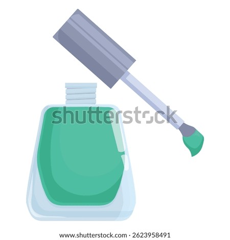 Bottle of green nail polish is open with the applicator brush resting on the side