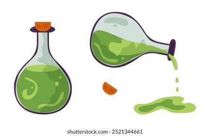 Botella con veneno verde Cerrado y abierto con el que fluye el Vector de la poción aislado en el fondo blanco