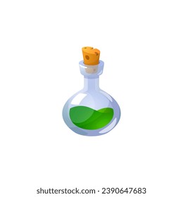 Botella con poción verde, icono de juego, vector aislado en fondo blanco. Elemento ui simple de dibujos animados, pequeño matraz o contenedor de vidrio transparente para líquido. Objeto de juego para la interfaz web