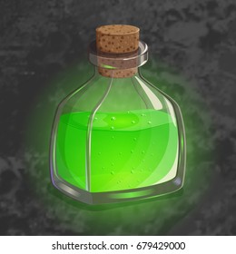 Bottle with green potion. Game icon of magic elixir. Bright design for app user interface.  Part 4. Shrinking, poison, augury, forefeeling, transform. Vector illustration. Icons Collection.