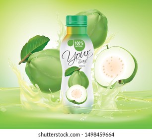 Bottle Of Guava Juice Falls On The Water Splash.vector