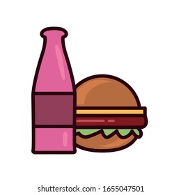 bottle and hamburger line and fill style icon design, fast food eat restaurant menu dinner lunch cooking and meal theme Vector illustration