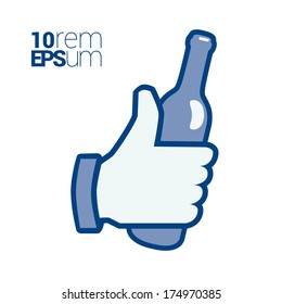 Bottle in hand isolated white background. Emoticon hand with bottle. Alcohol icon. Thumb up icon with wine bottle. Social like icon with alcohol bottle. Vector alcoholic icon. Vector illustration.