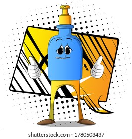Bottle of hand sanitizer gel with face making thumbs up sign with two hands. Liquid soap for virus protection. Vector Cartoon illustration.