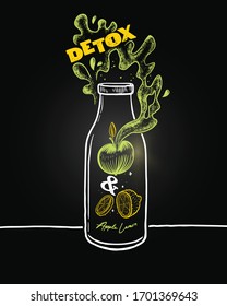  Bottle hand-drawn in chalk on a blackboard. Surrounded by a surge of apple and lemon juice. Detox theme.
Healthy eating concept.