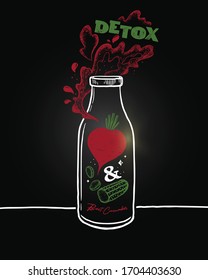  Bottle hand-drawn in chalk on a blackboard. Surrounded by a surge of beets and cucumber juice. Detox theme.
Healthy eating concept.