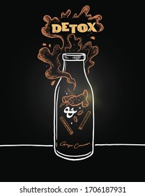  Bottle hand-drawn in chalk on a blackboard. Surrounded by a surge of ginger and cinnamon juice. Detox theme.
Healthy eating concept.