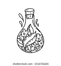 Botella, dibujada a mano, de estilo doodle. Botella con flores y hojas de lujo. Patrones negros. Ilustración monógama de estilo plano.