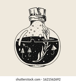 Bottle with health potion, poison and leaf potion hand drawn illustration