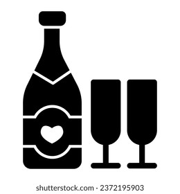 Botella con corazón y vaso de un icono sólido de champán, concepto de día valentino, vino espumoso en dos gafas con signo de fondo blanco, alcohol para las vacaciones icono al estilo glifo. Gráficos vectoriales