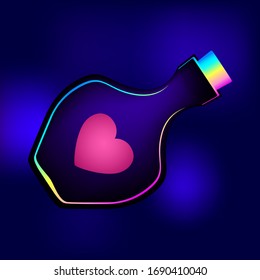 Bottle with a heart on a blue background. Magic elixir of love or poison 