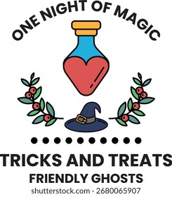 Una botella con un corazón y un sombrero encima. La botella está etiquetada como "Una noche de magia" y está rodeada de hojas