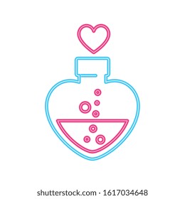 bottle with heart shaped in neon light on white background